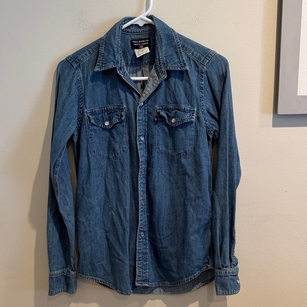 Vintage Polo Ralph Lauren Blue Classic Western Denim Shirt Pearl snap Buttons